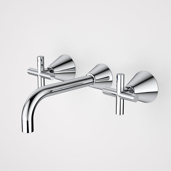 Caroma Classic Cross three-piece wall tap set in chrome, with wall spout and cross handles