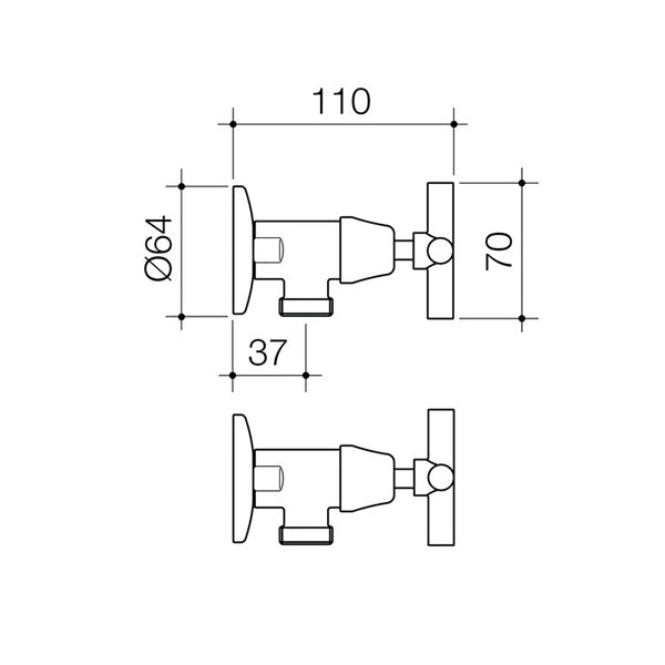 Caroma Coolibah Cross washing machine tap set technical drawing in chrome, side view with dimensions and wall-mounted profile