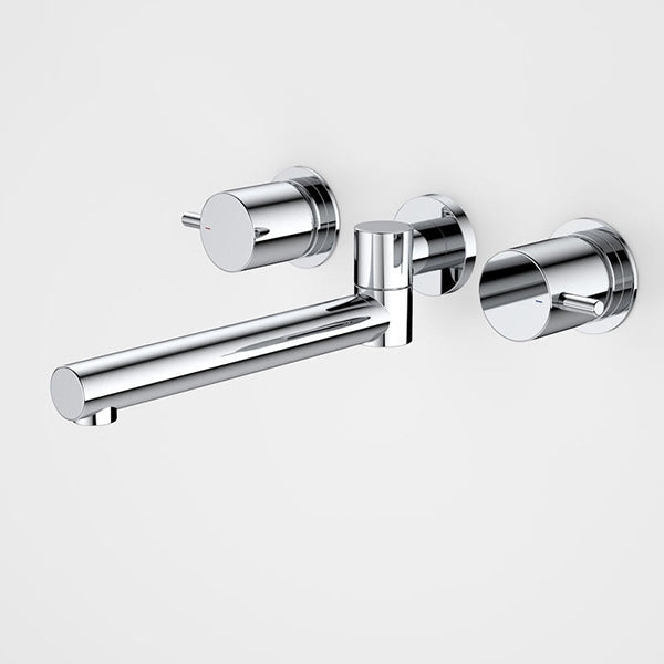 Caroma Luna chrome wall-mounted laundry tap set with swivel spout and lever handles, shown against a white background