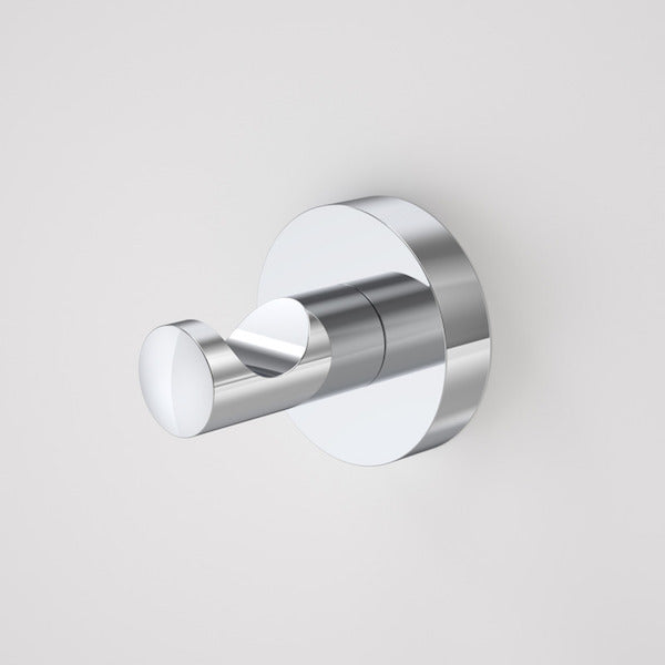 Caroma Cosmo polished chrome robe hook, wall-mounted metal bathroom hook on round backplate