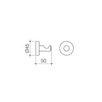 Caroma Cosmo chrome robe hook technical drawing, side and front views with 45mm and 50mm dimensions