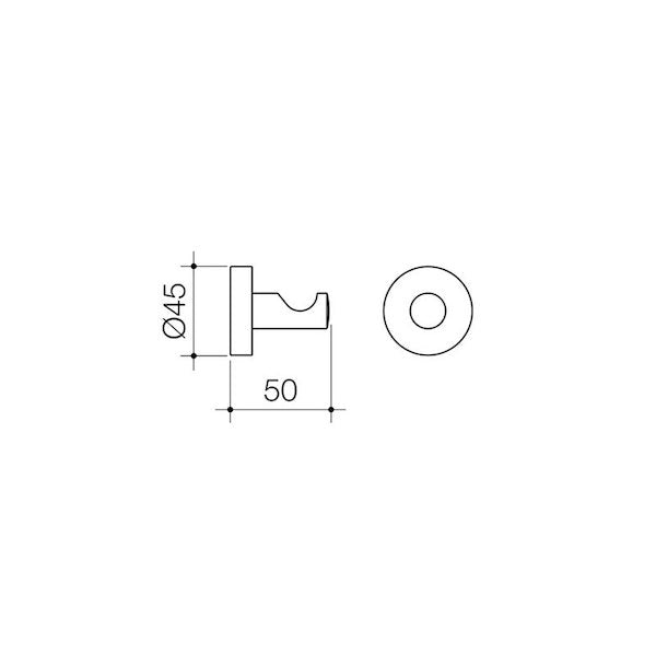 Caroma Cosmo chrome robe hook technical drawing, side and front views with 45mm and 50mm dimensions