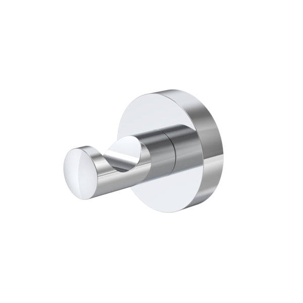 Caroma Cosmo chrome metal robe hook with round wall plate, polished chrome finish