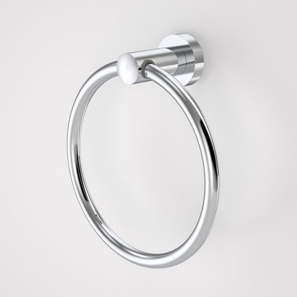 Caroma Cosmo metal towel ring in polished chrome, wall-mounted round bathroom accessory on a chrome bracket