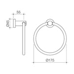 Caroma Cosmo towel ring technical drawing in matte black, showing front and side views with dimensions 175 mm wide and 45 mm wall projection