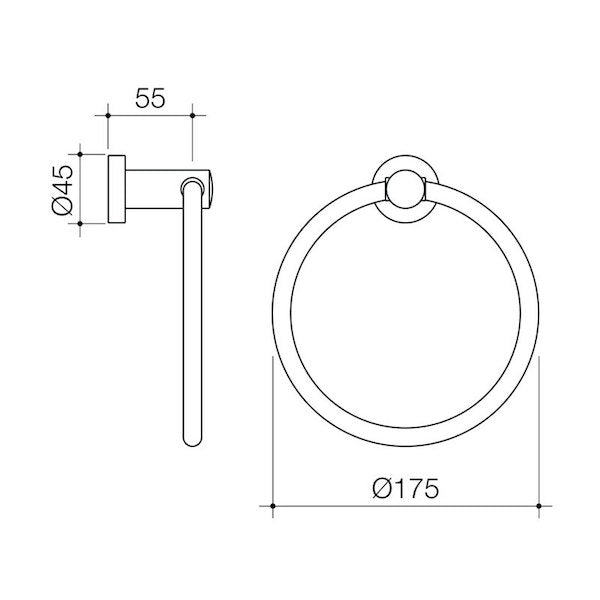Caroma Cosmo towel ring technical drawing in matte black, showing front and side views with dimensions 175 mm wide and 45 mm wall projection