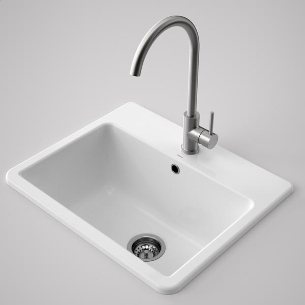 Caroma Cubus white ceramic laundry basin with single tap hole, overflow and stainless steel waste, angled view