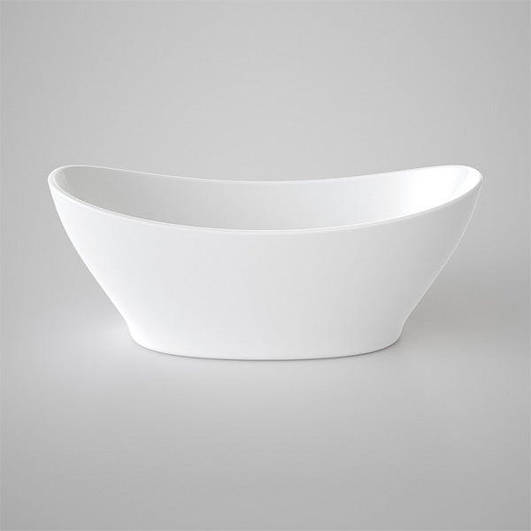 Caroma Cupid white freestanding bath, oval curved acrylic tub on a plain grey background