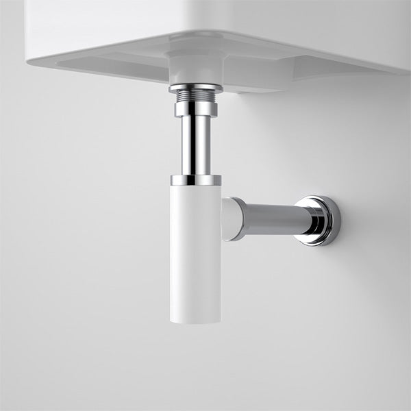 Caroma 40mm bottle trap under wall hung basin, matte white and chrome brass finish
