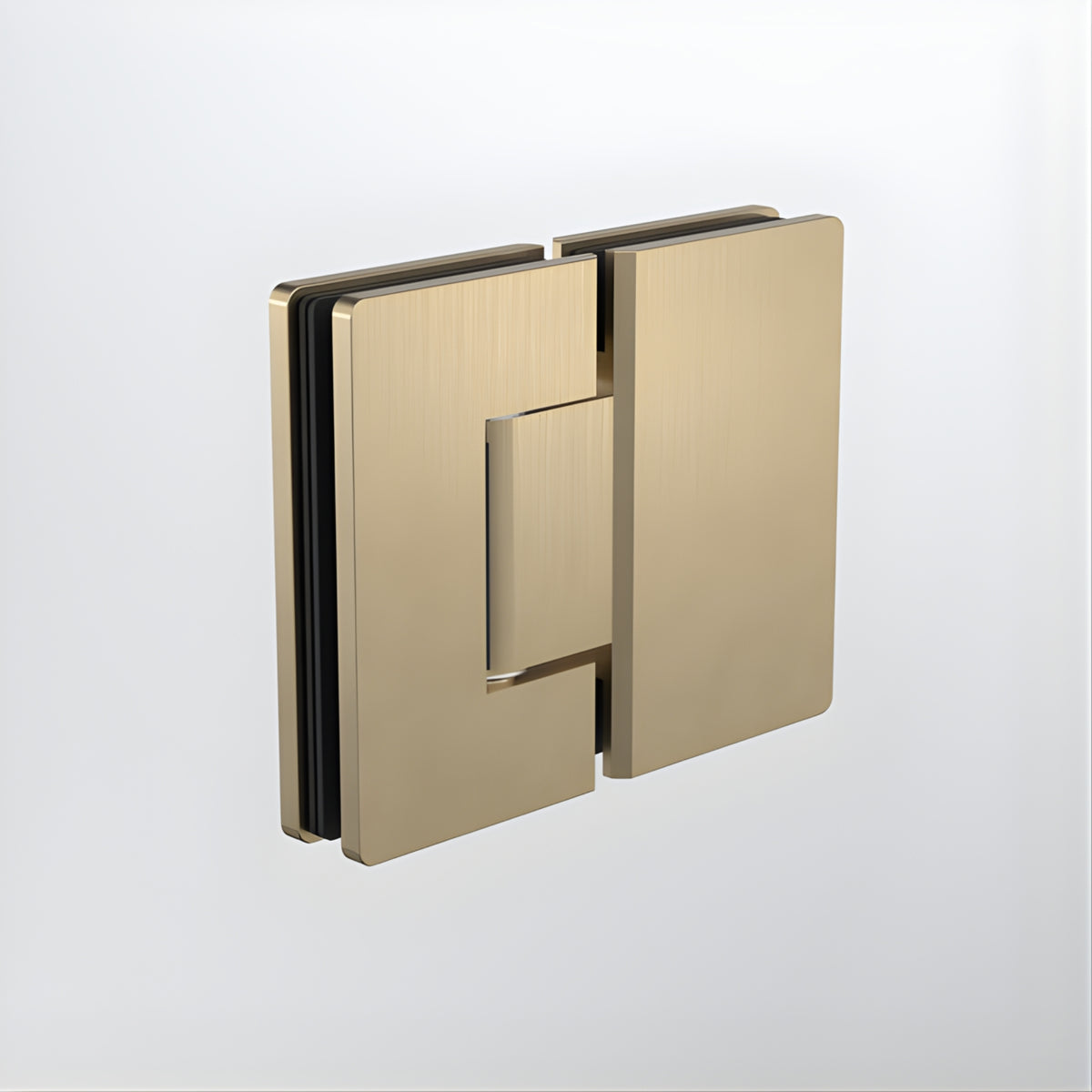 Caroma glass to glass shower door hinge in brushed brass, shown closed on a white background with black insert visible