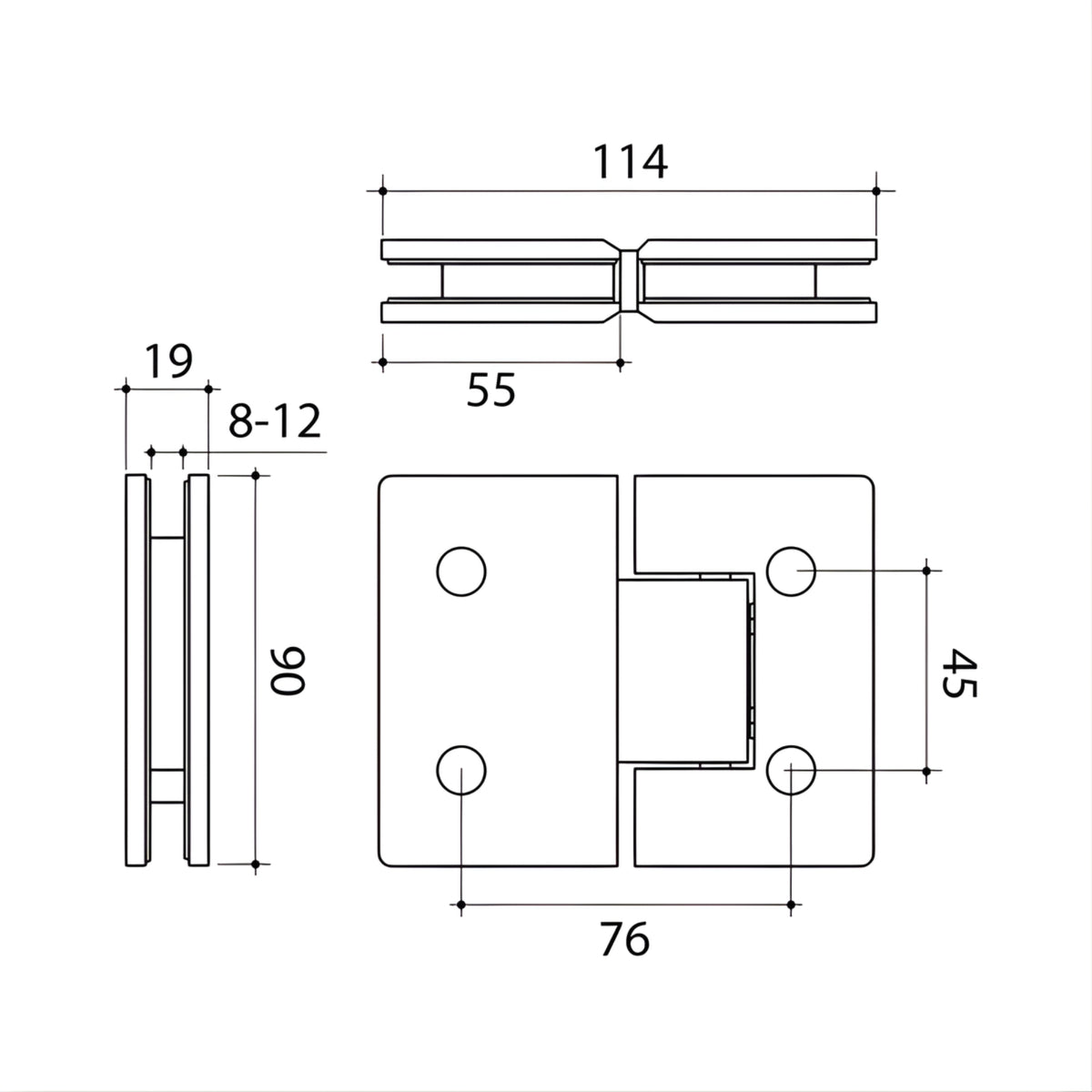 Caroma glass to glass shower door hinge technical drawing in brushed brass, showing 180° hinge dimensions and 8–12mm glass fit