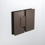 Caroma glass to glass shower door hinge in brushed bronze, shown closed on a white background