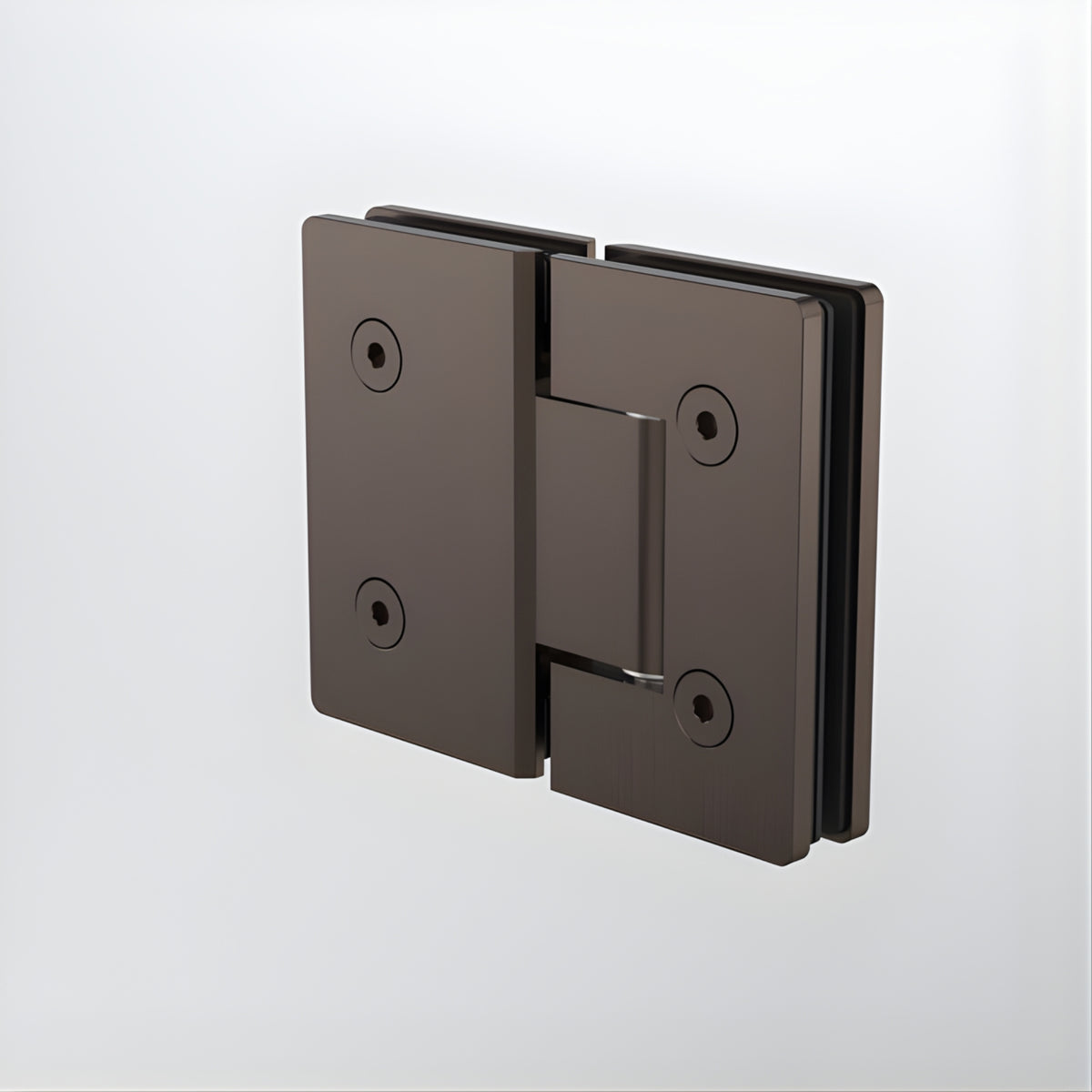 Caroma glass to glass shower door hinge in brushed bronze, shown closed on a white background