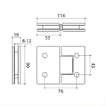 Caroma glass to glass shower door hinge technical drawing in brushed bronze, showing dimensions and 8–12 mm glass fit