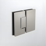 Caroma glass-to-glass shower door hinge in brushed nickel, shown open on a white background