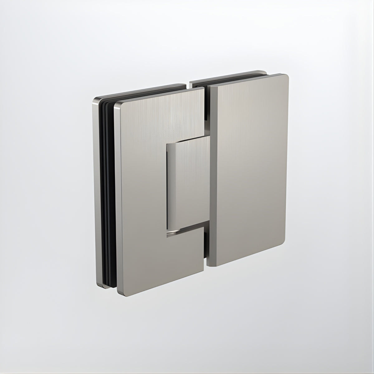 Caroma glass-to-glass shower door hinge in brushed nickel, shown open on a white background