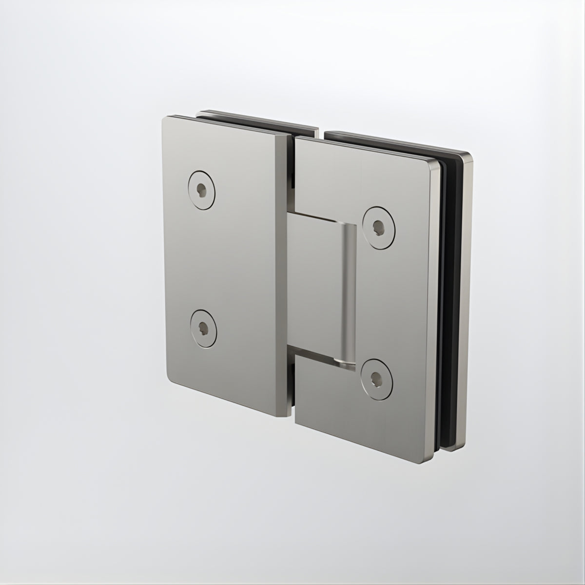 Caroma glass to glass shower door hinge in brushed nickel, shown closed on white background.