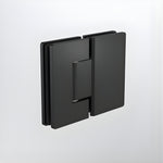 Caroma matte black glass-to-glass shower door hinge on white background, square frameless shower screen hardware