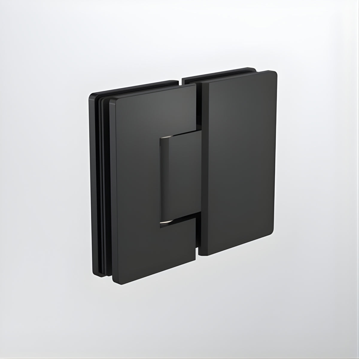 Caroma matte black glass-to-glass shower door hinge on white background, square frameless shower screen hardware