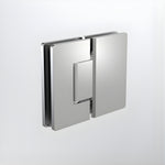 Caroma polished stainless steel glass to glass shower door hinge, shown closed on a white background