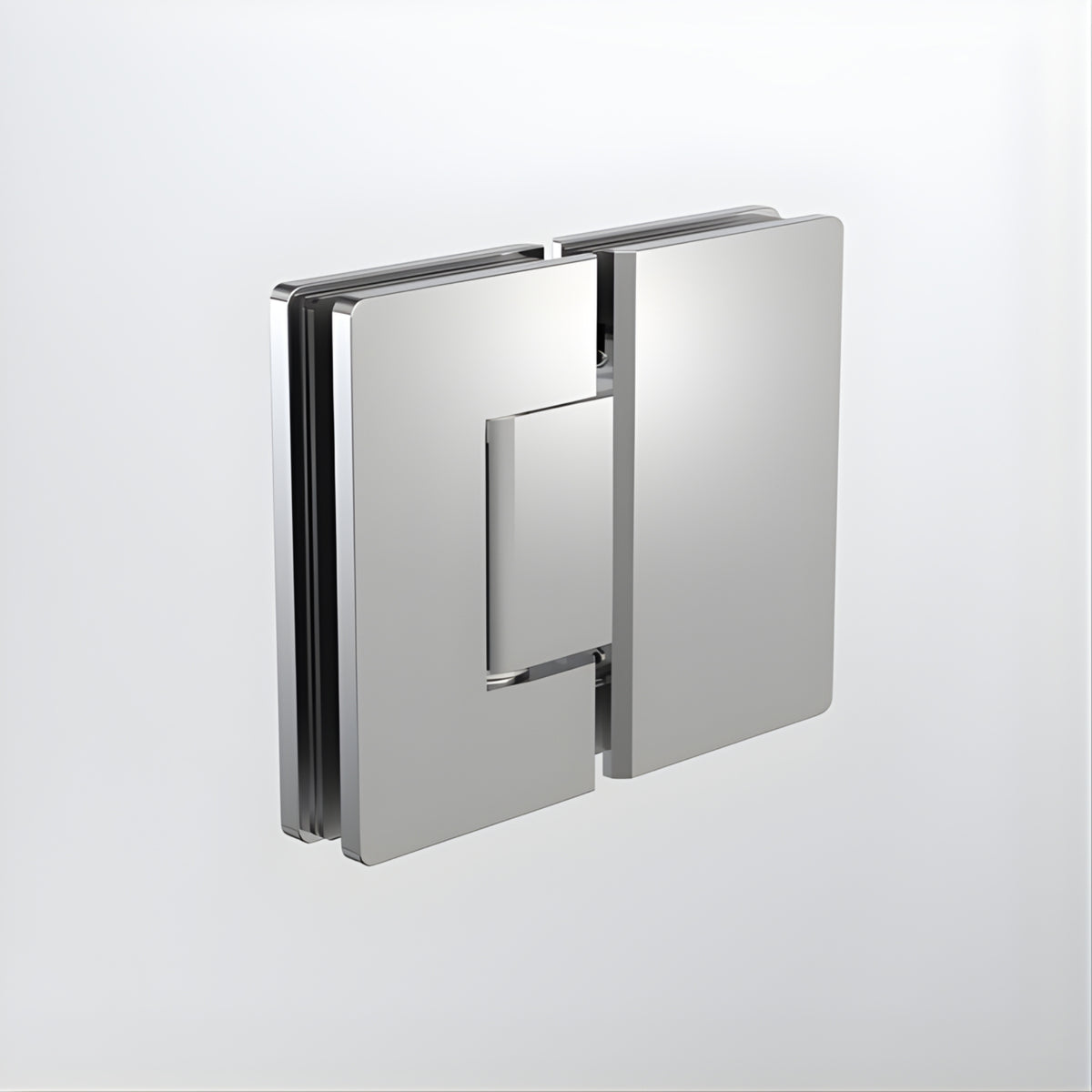 Caroma polished stainless steel glass to glass shower door hinge, shown closed on a white background