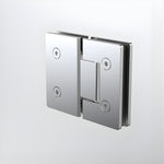 Caroma polished stainless steel glass-to-glass shower hinge, shown joining two glass panels in a square front view