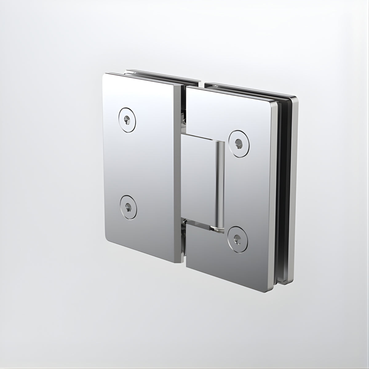 Caroma polished stainless steel glass-to-glass shower hinge, shown joining two glass panels in a square front view