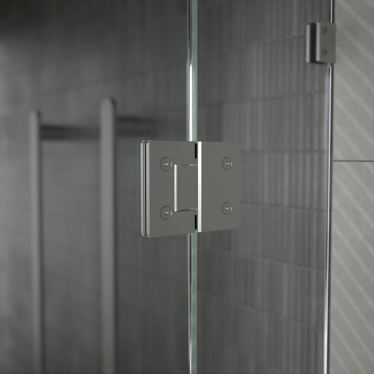 Caroma polished stainless steel glass to glass shower door hinge fitted to two frameless glass panels in bathroom setting