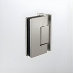 Caroma glass to wall shower door hinge in brushed nickel, square stainless steel fitting on white background