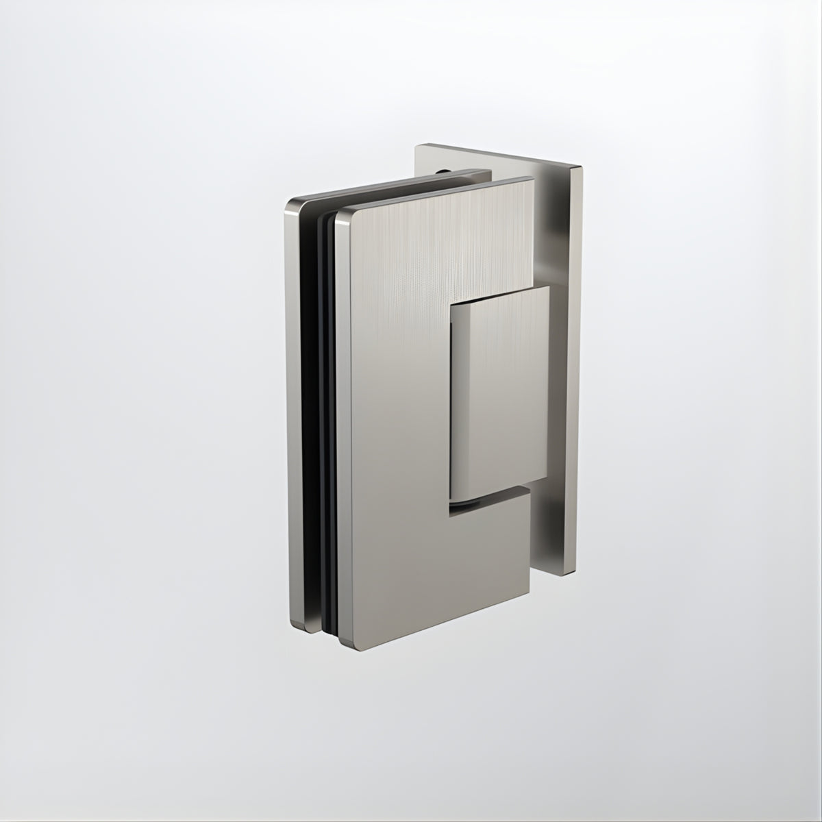 Caroma glass to wall shower door hinge in brushed nickel, square stainless steel fitting on white background