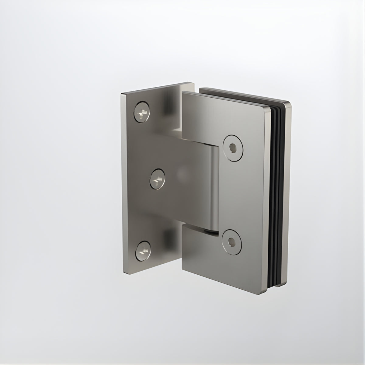 Caroma glass to wall shower door hinge in brushed nickel, shown on a white background