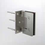 Caroma glass to wall shower door hinge in brushed nickel, shown on white background with fixing screws and black glass insert