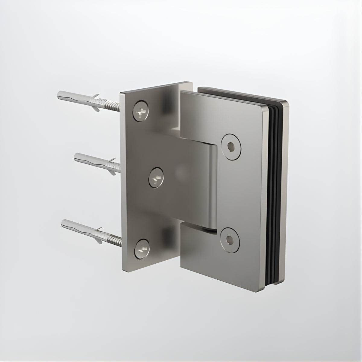 Caroma glass to wall shower door hinge in brushed nickel, shown on white background with fixing screws and black glass insert