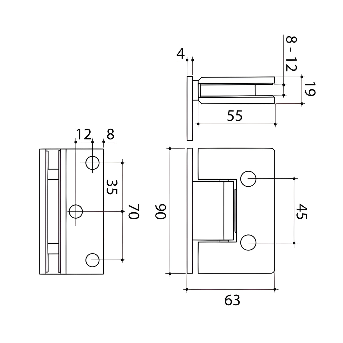 Caroma brushed nickel glass-to-wall shower door hinge technical drawing with measurements and dimensions