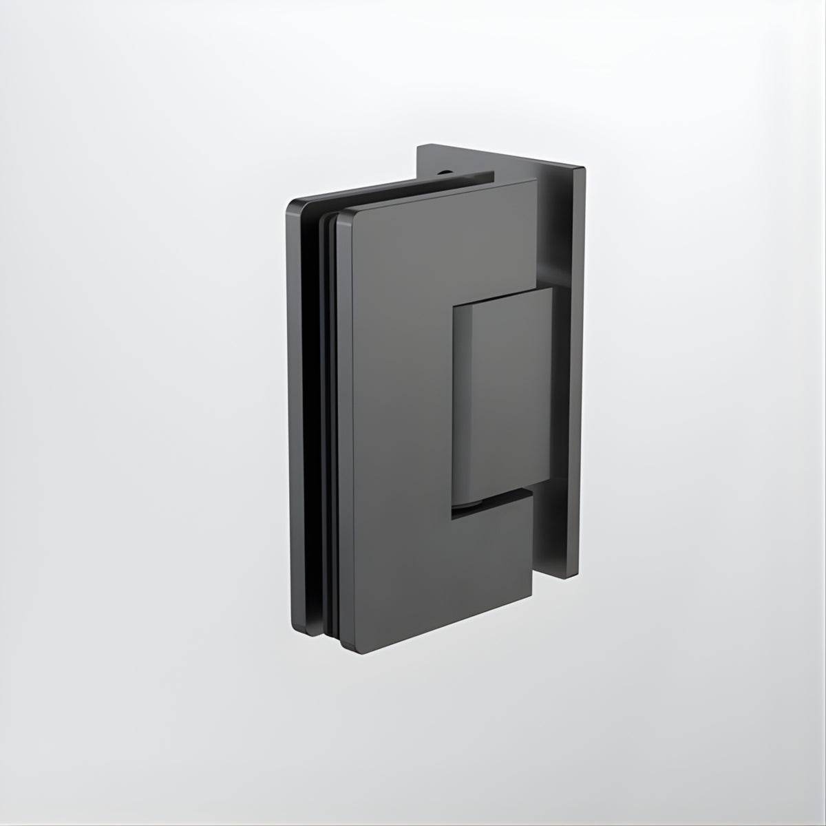 Caroma shower screen hinge in gunmetal, glass-to-wall door hardware, shown on a white background