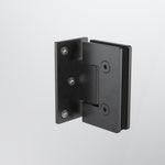Caroma gunmetal glass-to-wall shower screen hinge, front view, with black glass insert on a white background