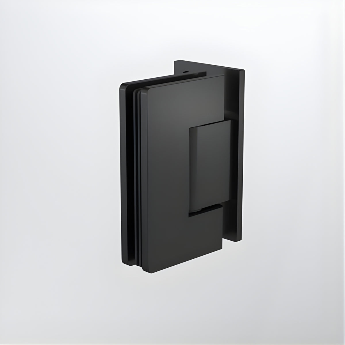 Caroma glass to wall shower door hinge in matte black, shown on a white background