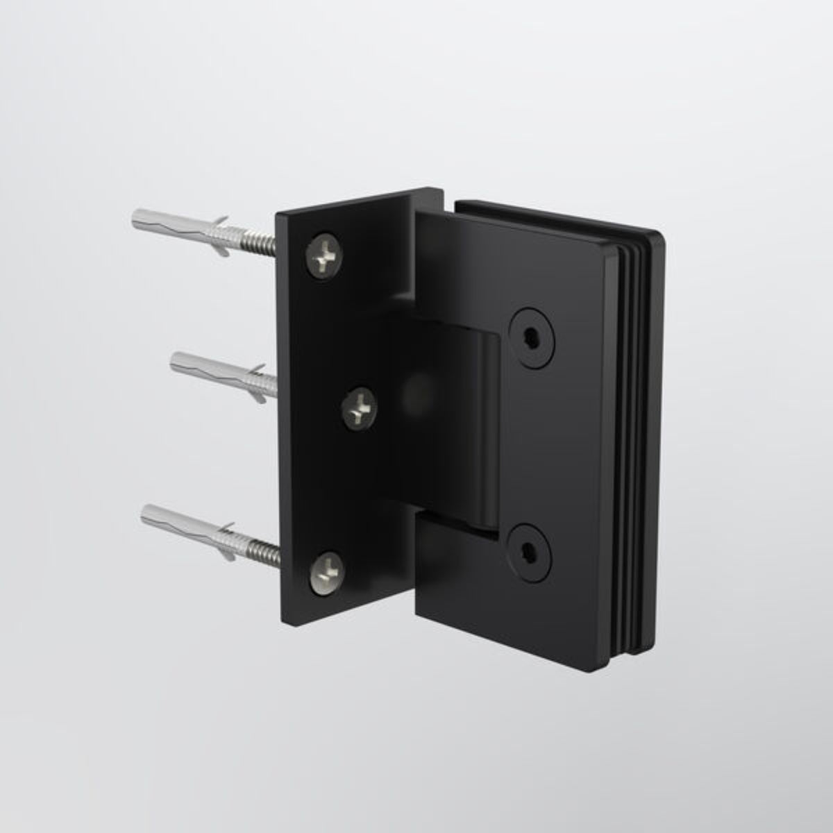 Caroma matte black glass-to-wall shower door hinge with screws, shown on white background