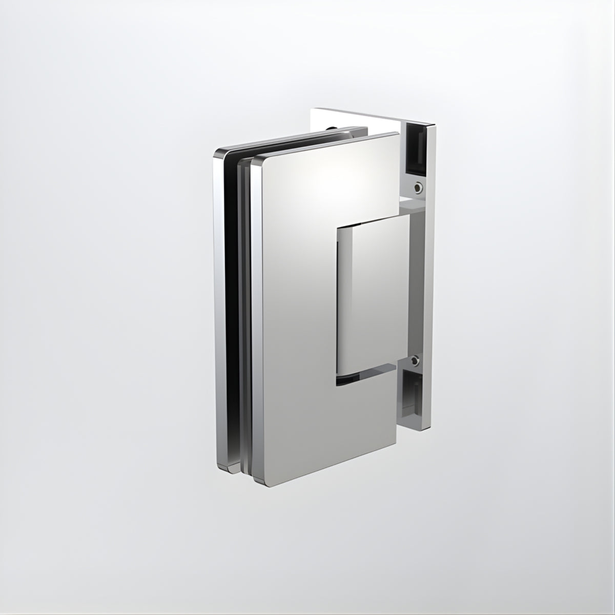 Caroma polished stainless steel glass-to-wall shower door hinge, angled studio view