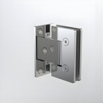 Caroma polished stainless steel glass to wall shower door hinge, shown in an angled product view on white background