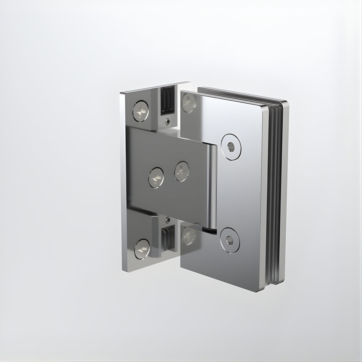 Caroma polished stainless steel glass to wall shower door hinge, shown in an angled product view on white background