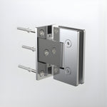 Caroma polished stainless steel glass-to-wall shower door hinge, front angle view on white background