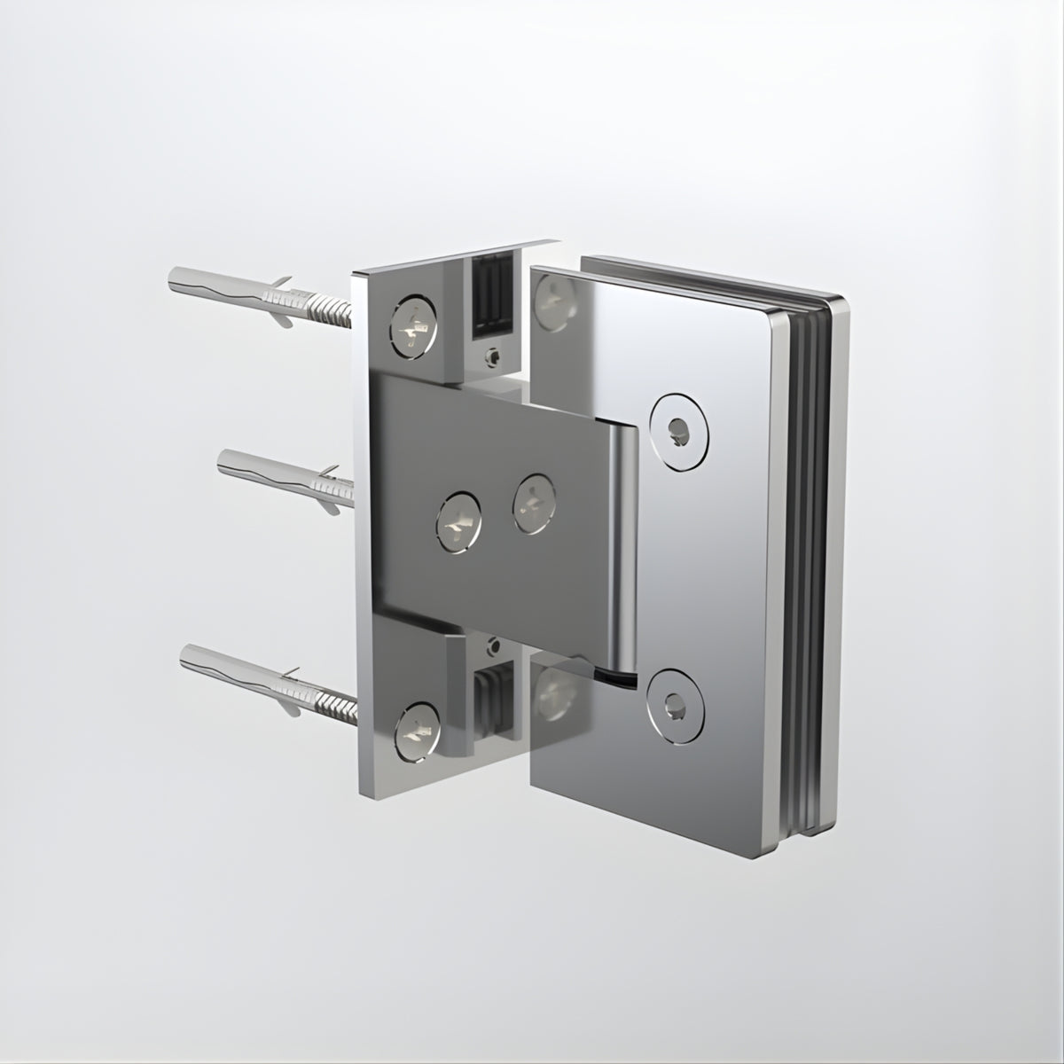 Caroma polished stainless steel glass-to-wall shower door hinge, front angle view on white background