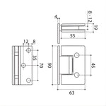 Caroma polished stainless steel shower screen hinge technical drawing with dimensions, glass-to-wall fitting for 8–12mm glass