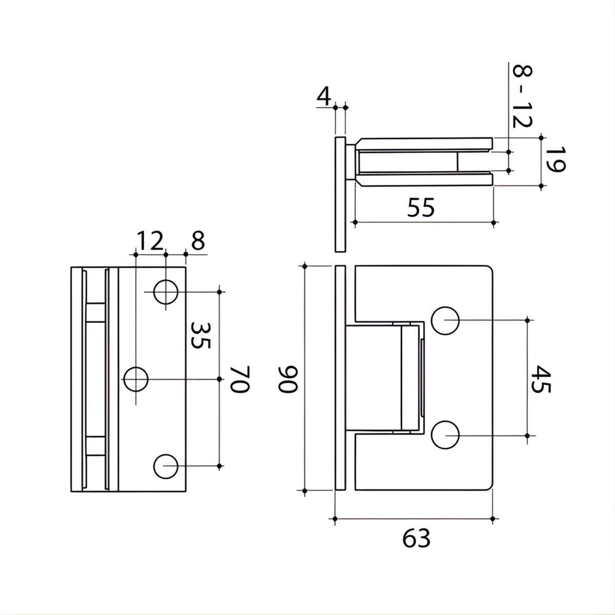 Caroma polished stainless steel shower screen hinge technical drawing with dimensions, glass-to-wall fitting for 8–12mm glass