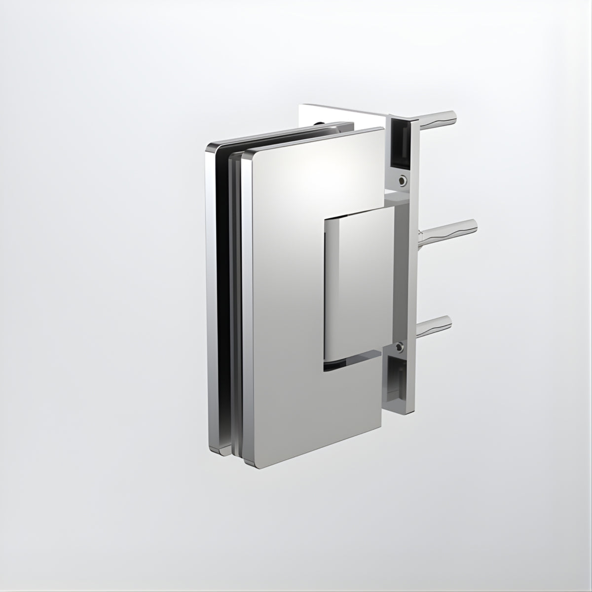 Caroma polished stainless steel glass-to-wall shower door hinge, front view on white background