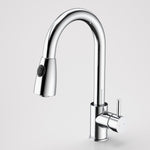 Caroma Husk retractable dual spray sink mixer in polished chrome, hob mounted with gooseneck spout and single lever control