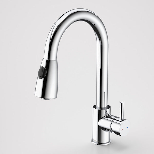 Caroma Husk retractable dual spray sink mixer in polished chrome, hob mounted with gooseneck spout and single lever control