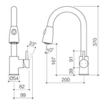 Caroma Husk chrome pull-out sink mixer technical drawing with dimensions and side/front views