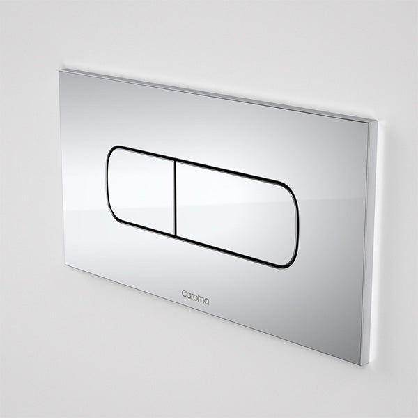 Caroma Invisi Series II chrome oval dual flush plate with buttons, wall-mounted concealed toilet flush plate